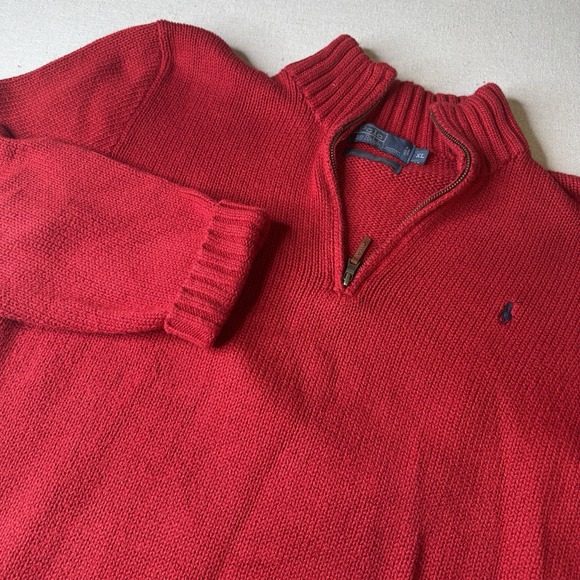 Polo Ralph Lauren Mens Red 1/4 Zip Pullover Tight Knit Sweater XL 100% Cotton - Picture 1 of 7